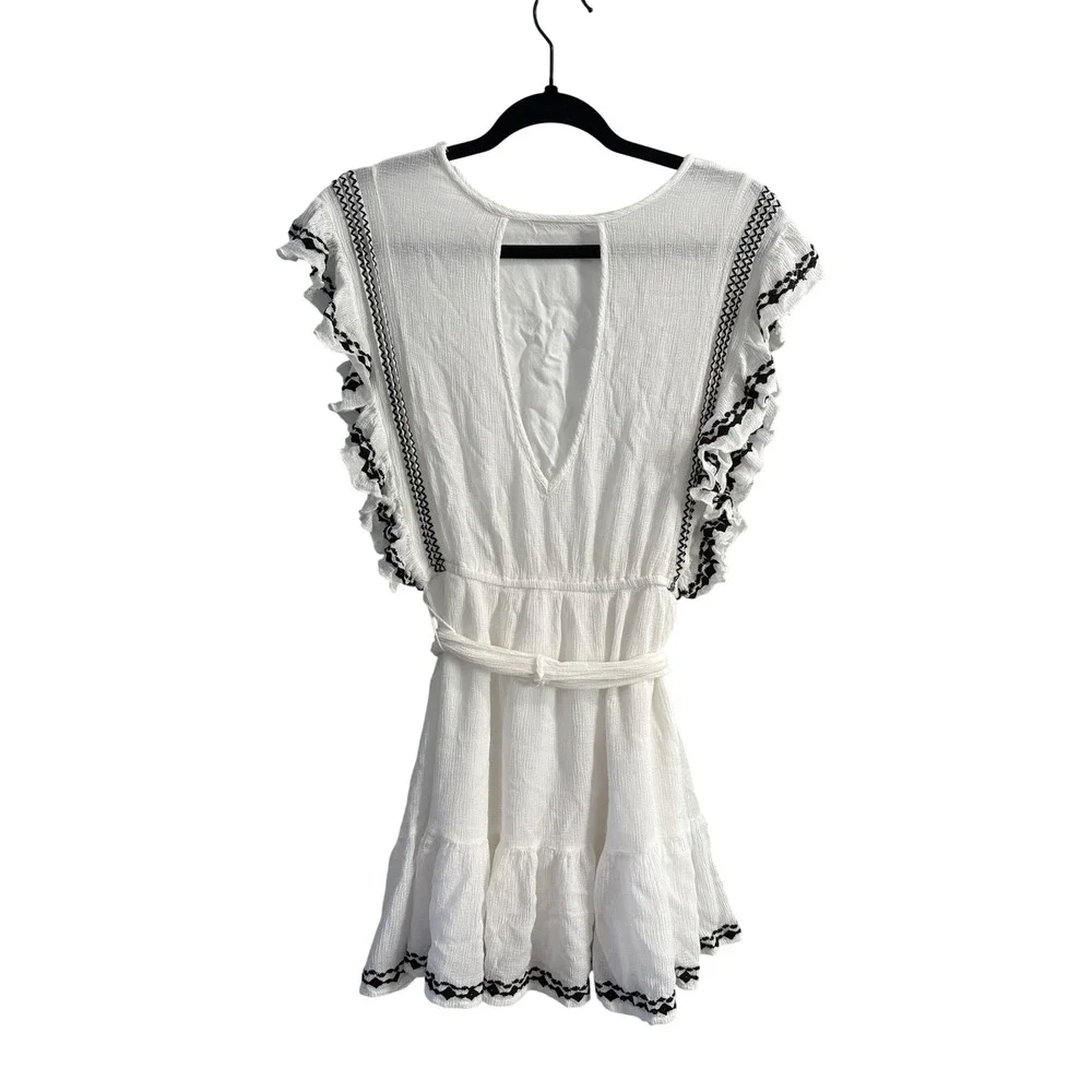 Free People White Mini Dress Embroidered Ruffle Sleeve Boho Gauze Small‎